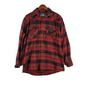 BTC Mens Flannel Shacket Red Black Plaid Pockets Pearl Snaps Sz LT
